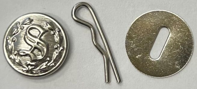 S UNIFORM SHIRT BUTTON NICKEL SET = 1 S UNIFORM BUTTON, 1 DISC & 1 COTTER PIN.